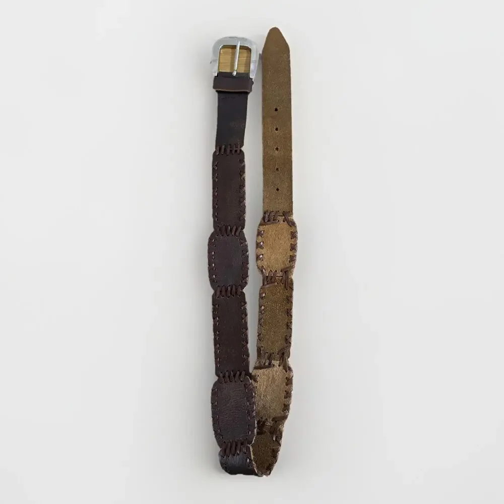 Unisex Stitched Leather Belt Brown Distressed 33-36” Waist 2” Wide